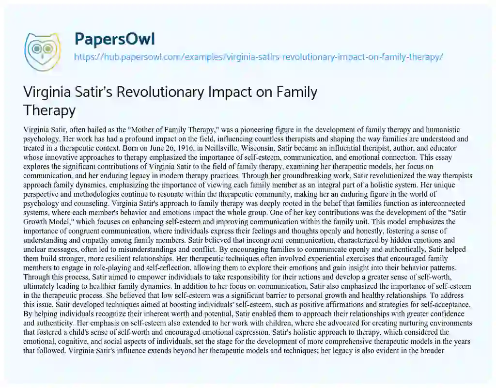 Essay on Virginia Satir’s Revolutionary Impact on Family Therapy
