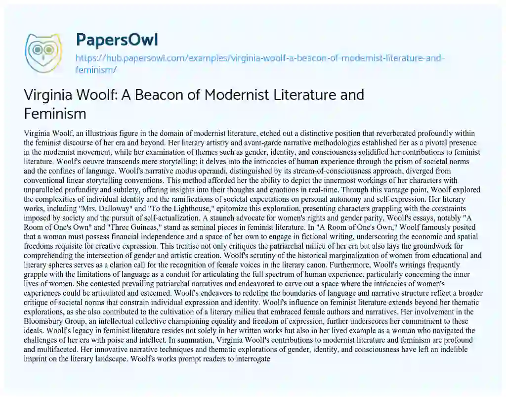 Essay on Virginia Woolf: A Beacon of Modernist Literature and Feminism