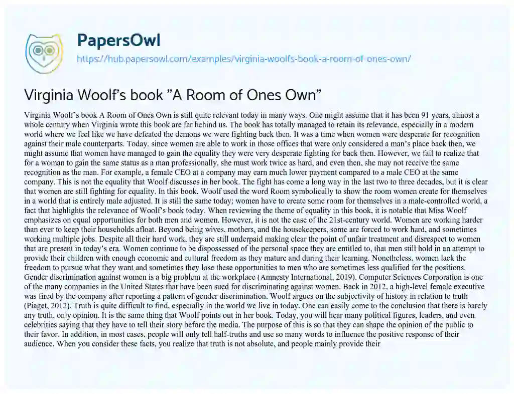 Essay on Virginia Woolf’s book “A Room of Ones Own”