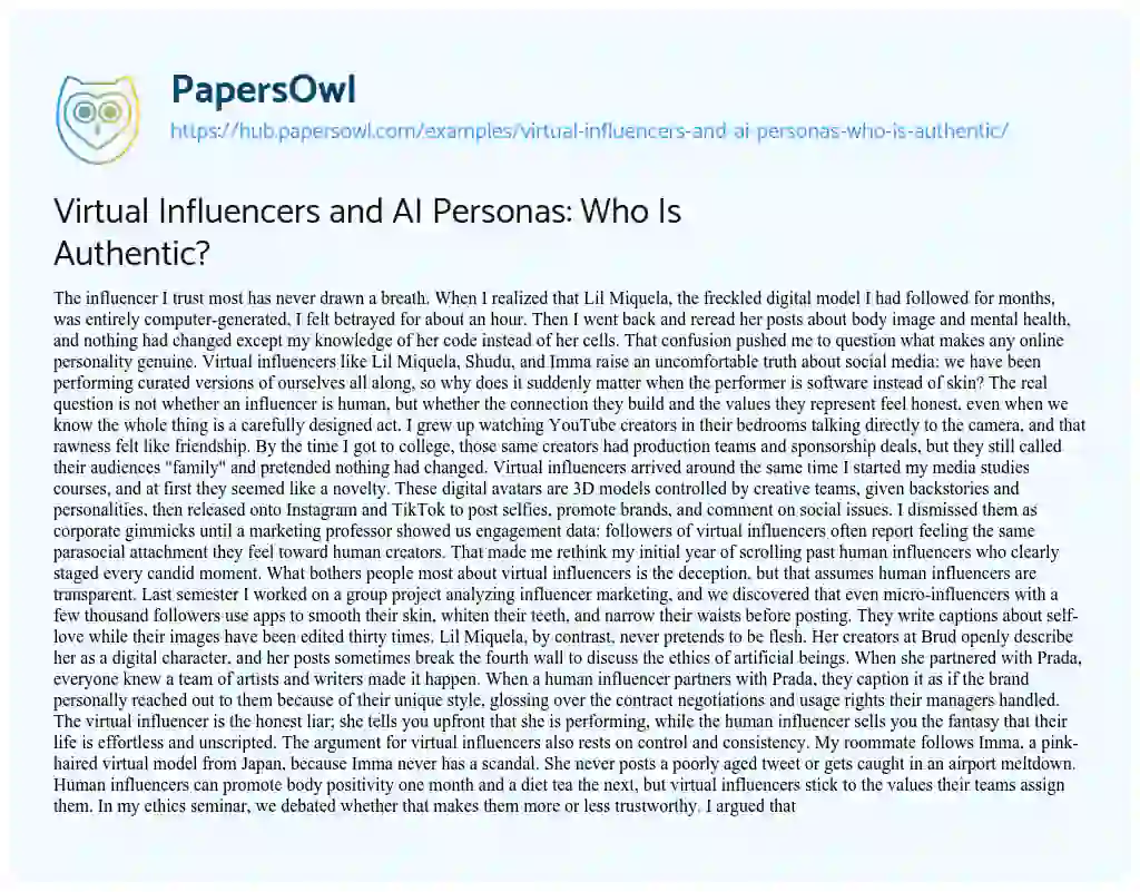 Essay on Virtual Influencers and AI Personas: Who Is Authentic?