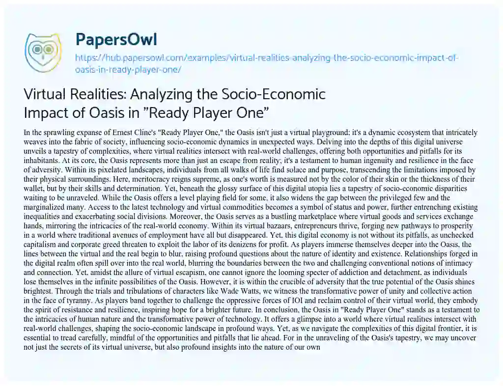 Essay on Virtual Realities: Analyzing the Socio-Economic Impact of Oasis in “Ready Player One”