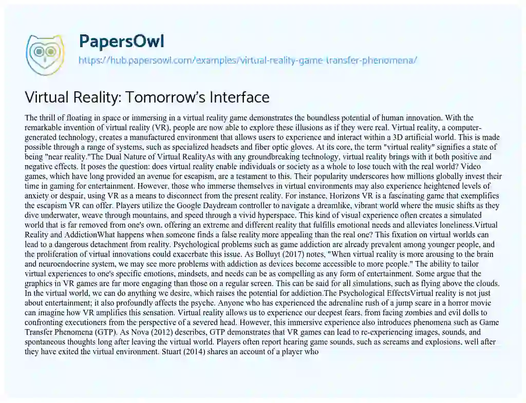 Essay on Virtual Reality: Tomorrow’s Interface