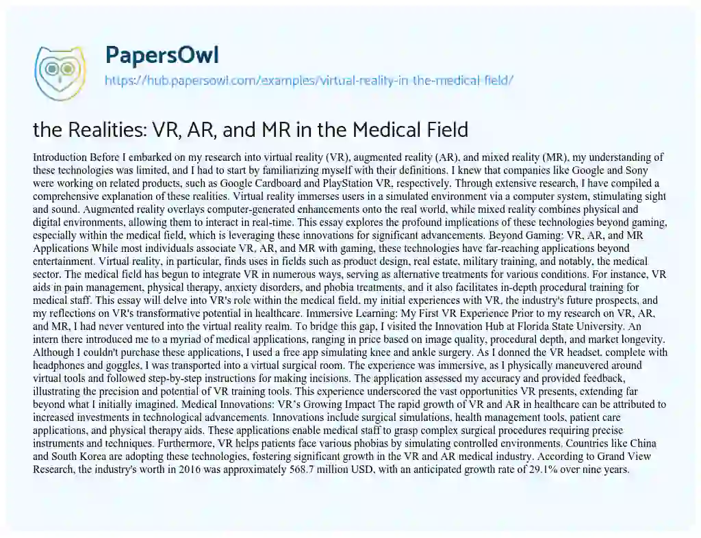 Essay on the Realities: VR, AR, and MR in the Medical Field