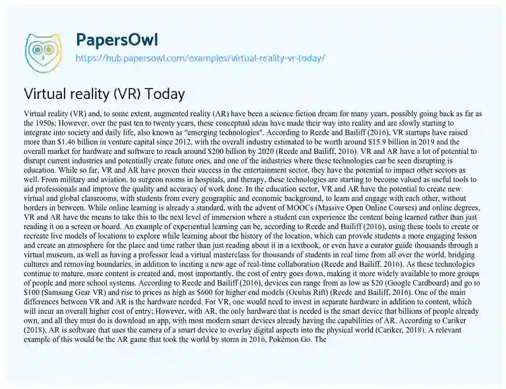 Essay on Virtual reality (VR) Today