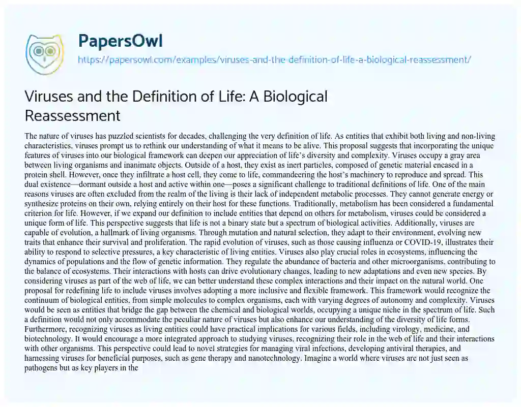 Essay on Viruses and the Definition of Life: A Biological Reassessment