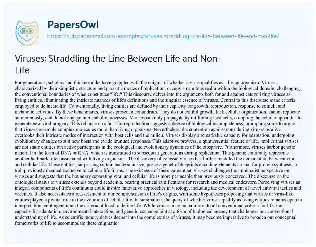 Essay on Viruses: Straddling the Line Between Life and Non-Life