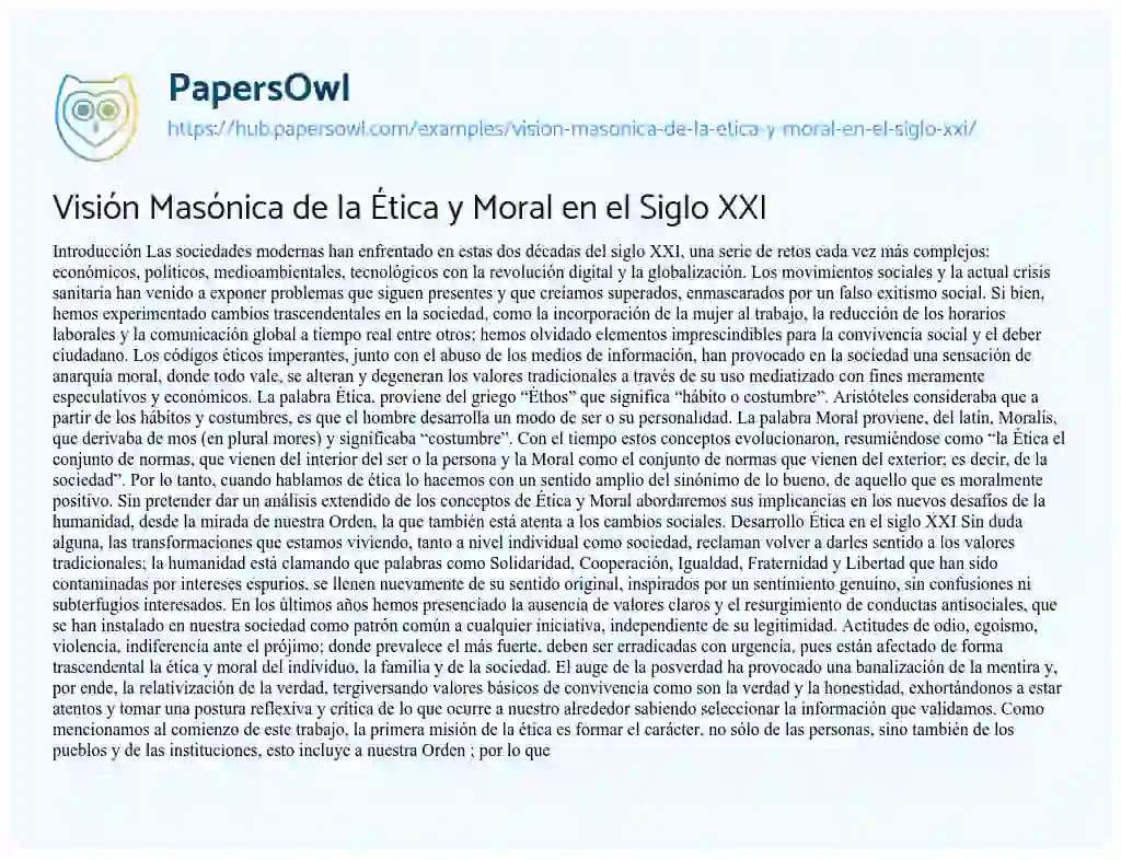Essay on Visión Masónica de la Ética y Moral en el Siglo XXI
