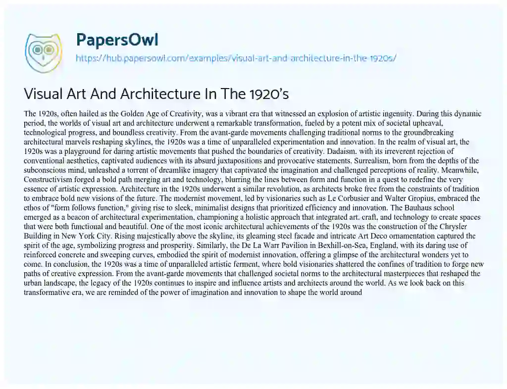 Essay on Visual Art And Architecture In The 1920’s