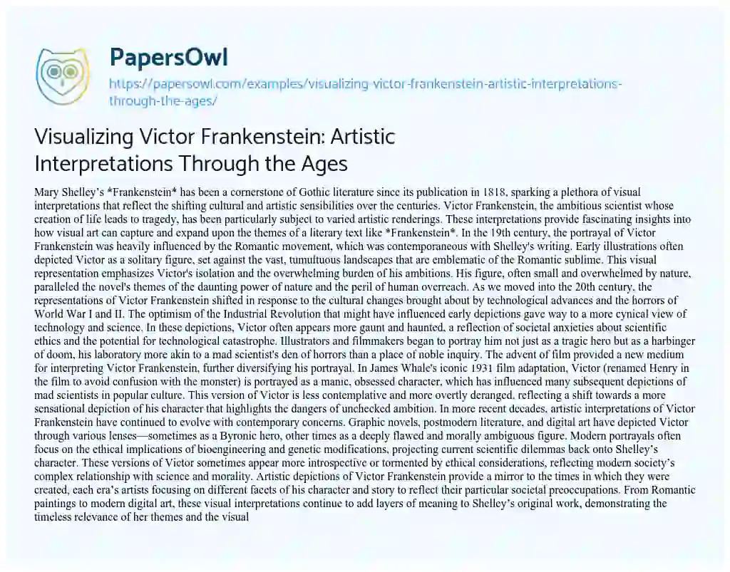 Essay on Visualizing Victor Frankenstein: Artistic Interpretations Through the Ages