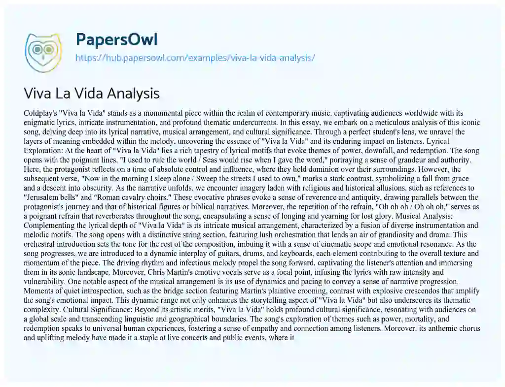 Essay on Viva La Vida Analysis