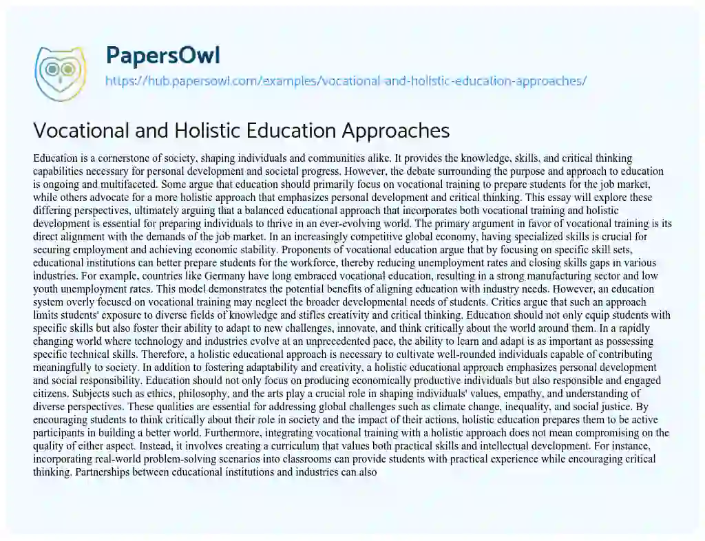 Essay on Vocational and Holistic Education Approaches