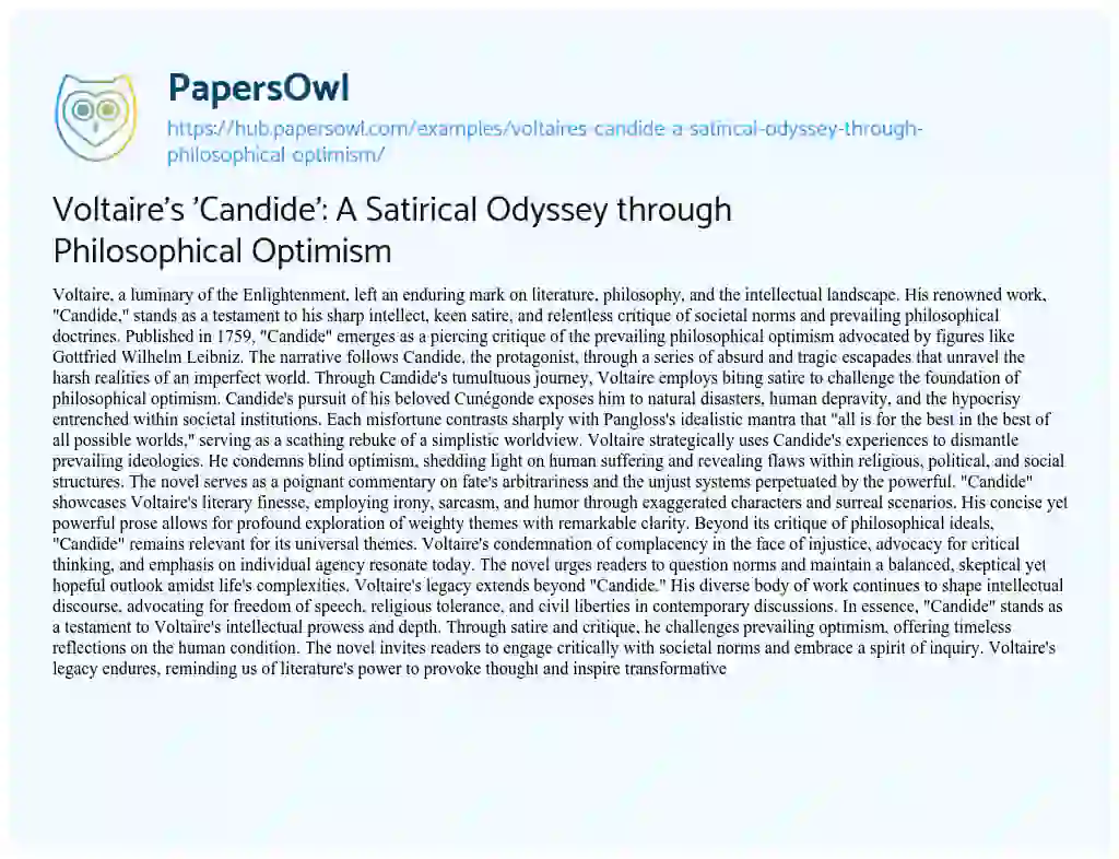 Essay on Voltaire’s ‘Candide’: A Satirical Odyssey through Philosophical Optimism