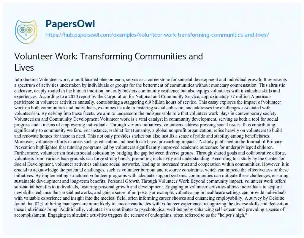 Essay on Volunteer Work: Transforming Communities and Lives