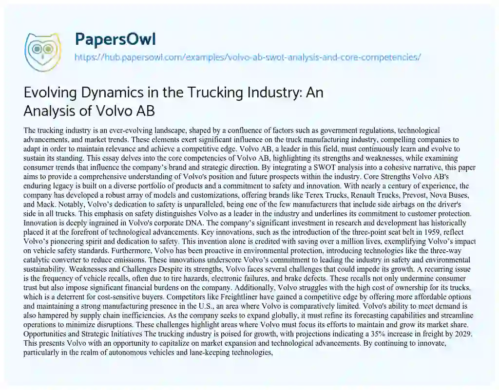 Essay on Evolving Dynamics in the Trucking Industry: An Analysis of Volvo AB