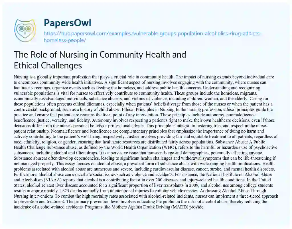 Essay on The Role of Nursing in Community Health and Ethical Challenges