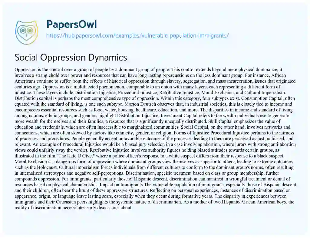 Essay on Social Oppression Dynamics