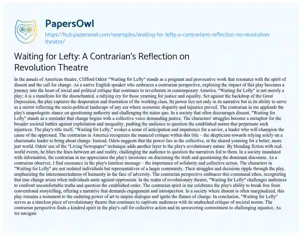 Essay on Waiting for Lefty: A Contrarian’s Reflection on Revolution Theatre
