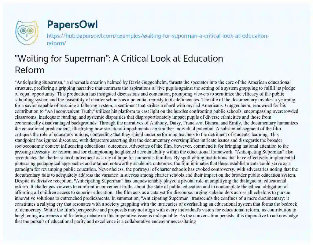 Essay on “Waiting for Superman”: A Critical Look at Education Reform