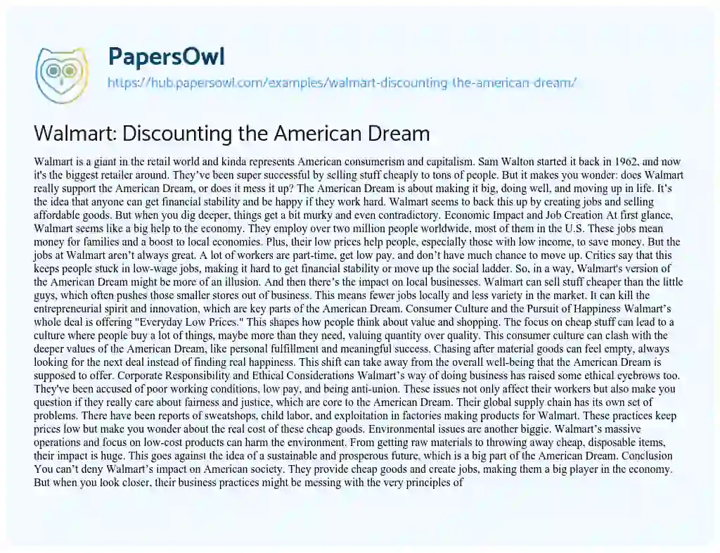 Essay on Walmart: Discounting the American Dream