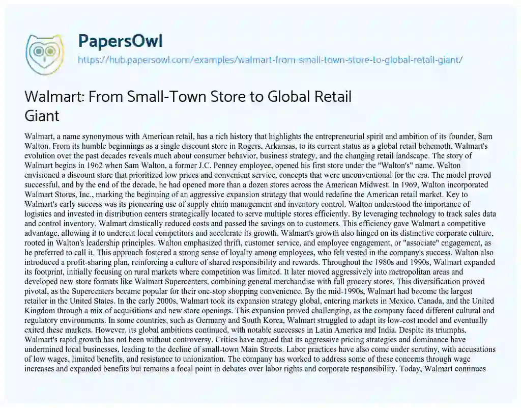 Essay on Walmart: From Small-Town Store to Global Retail Giant