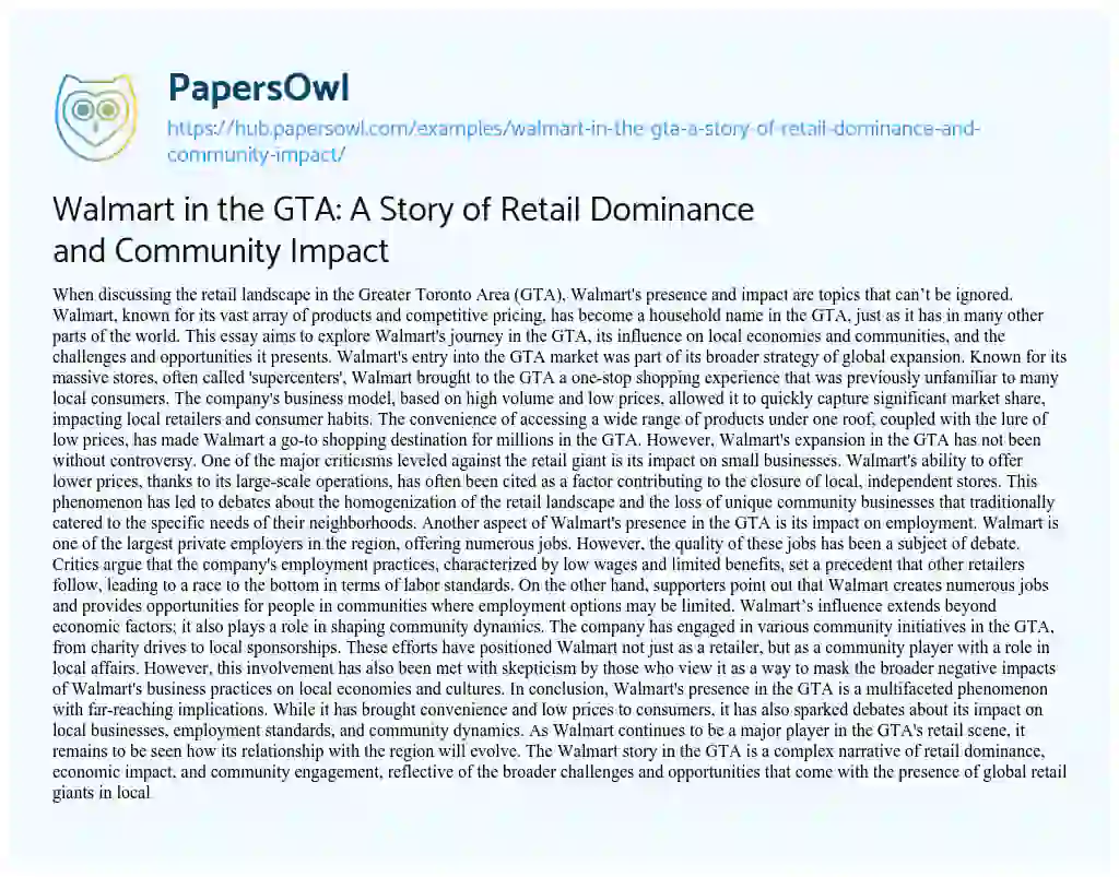 Essay on Walmart in the GTA: A Story of Retail Dominance and Community Impact