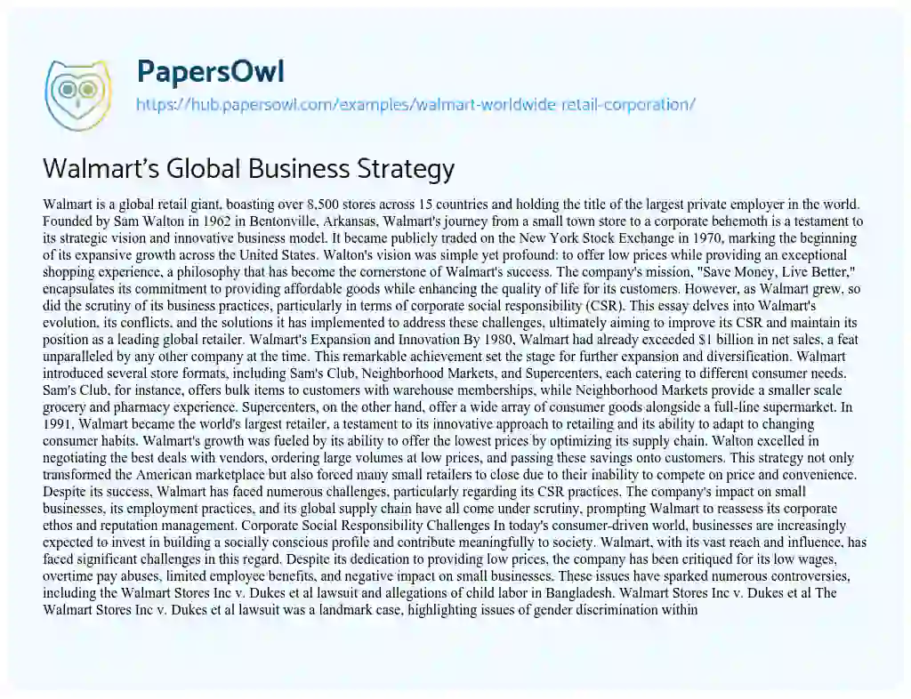 Essay on Walmart’s Global Business Strategy