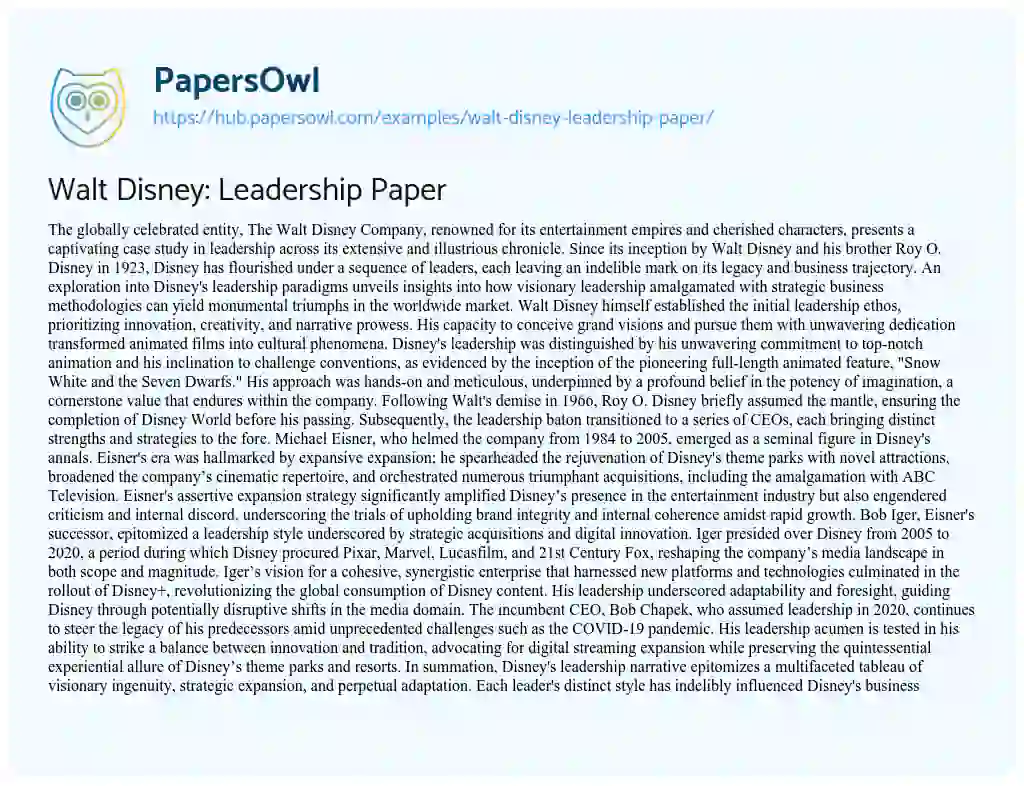Essay on Walt Disney: Leadership Paper