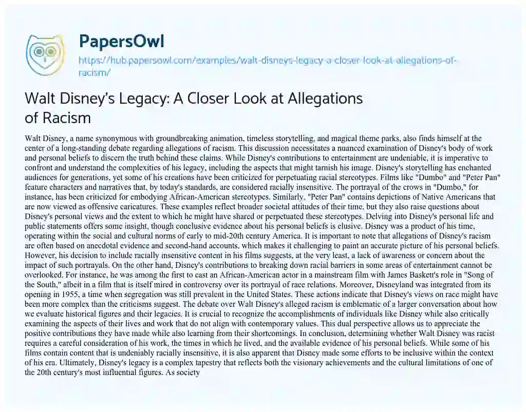 Essay on Walt Disney’s Legacy: A Closer Look at Allegations of Racism