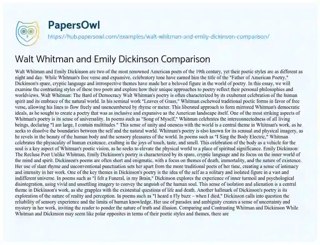Essay on Walt Whitman and Emily Dickinson Comparison