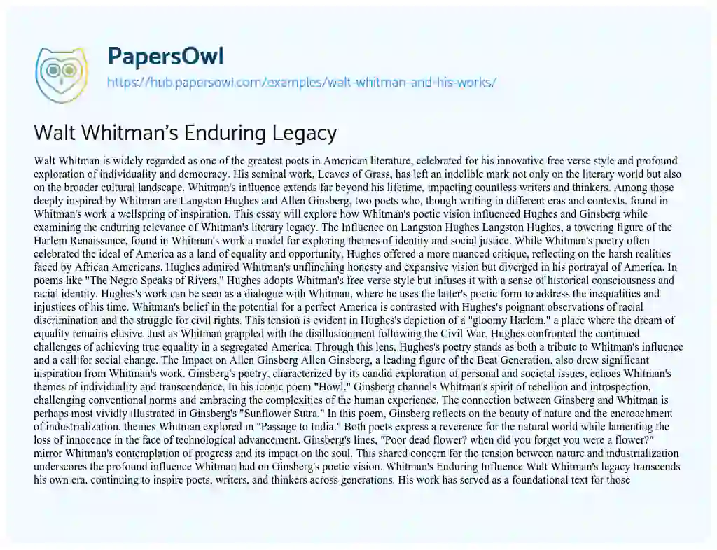 Essay on Walt Whitman’s Enduring Legacy