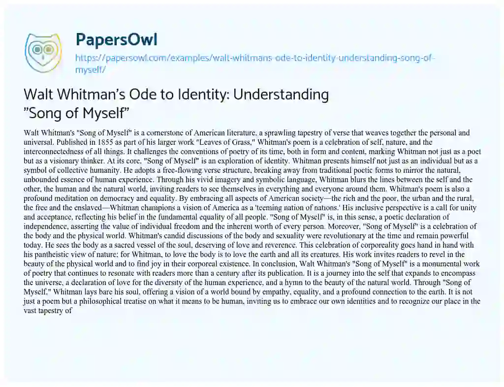 Essay on Walt Whitman’s Ode to Identity: Understanding “Song of Myself”