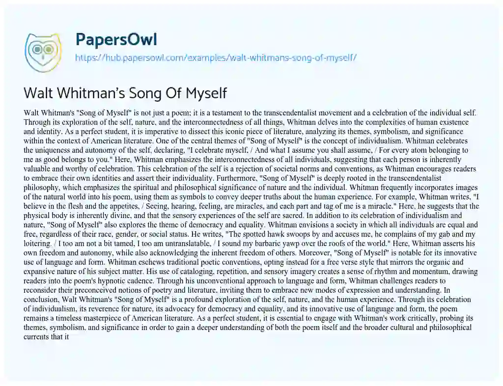Essay on Walt Whitman’s Song Of Myself