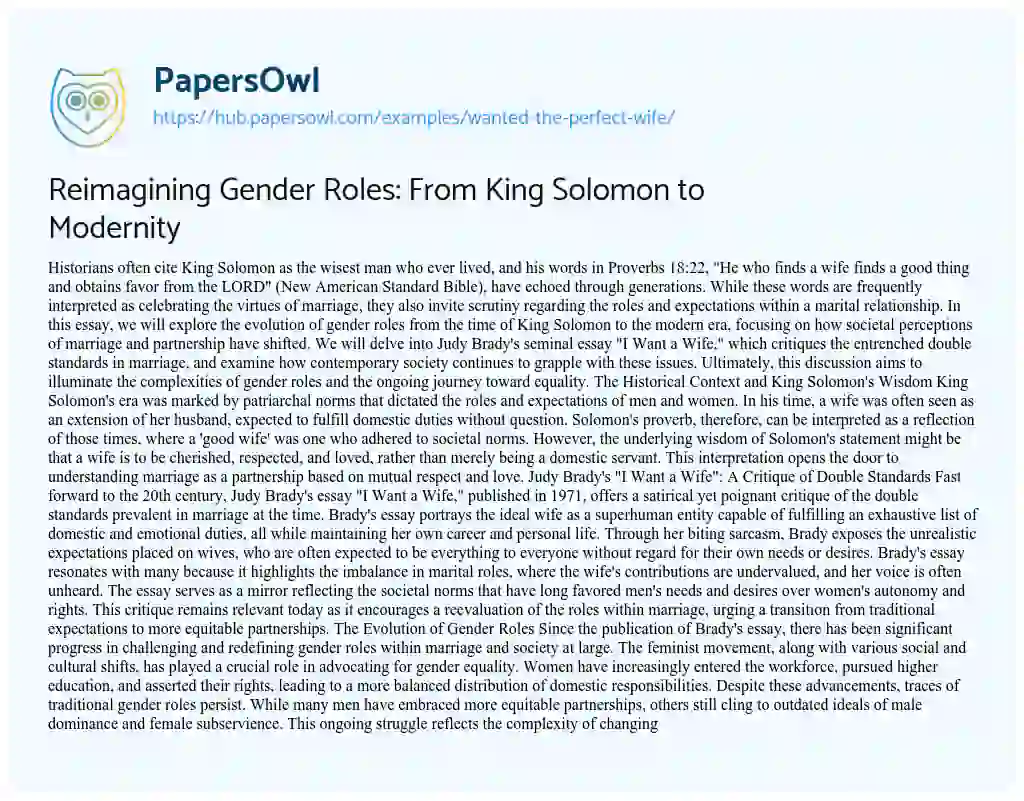 Essay on Reimagining Gender Roles: From King Solomon to Modernity