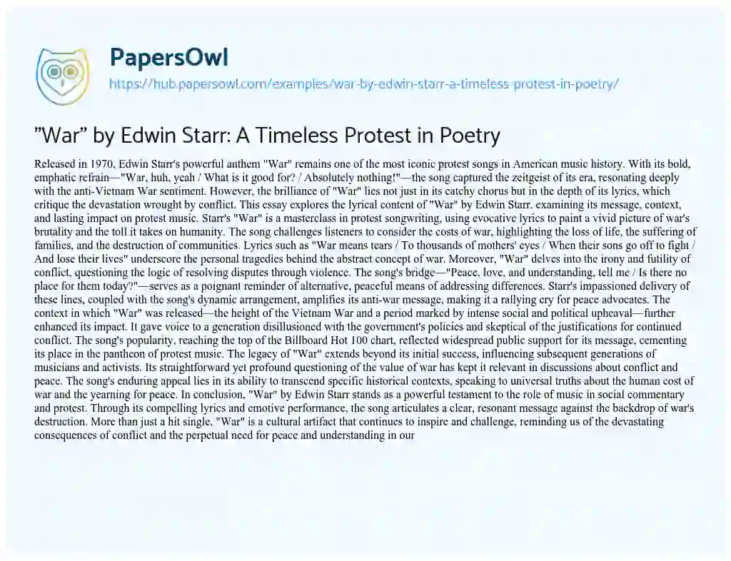 Essay on “War” by Edwin Starr: A Timeless Protest in Poetry