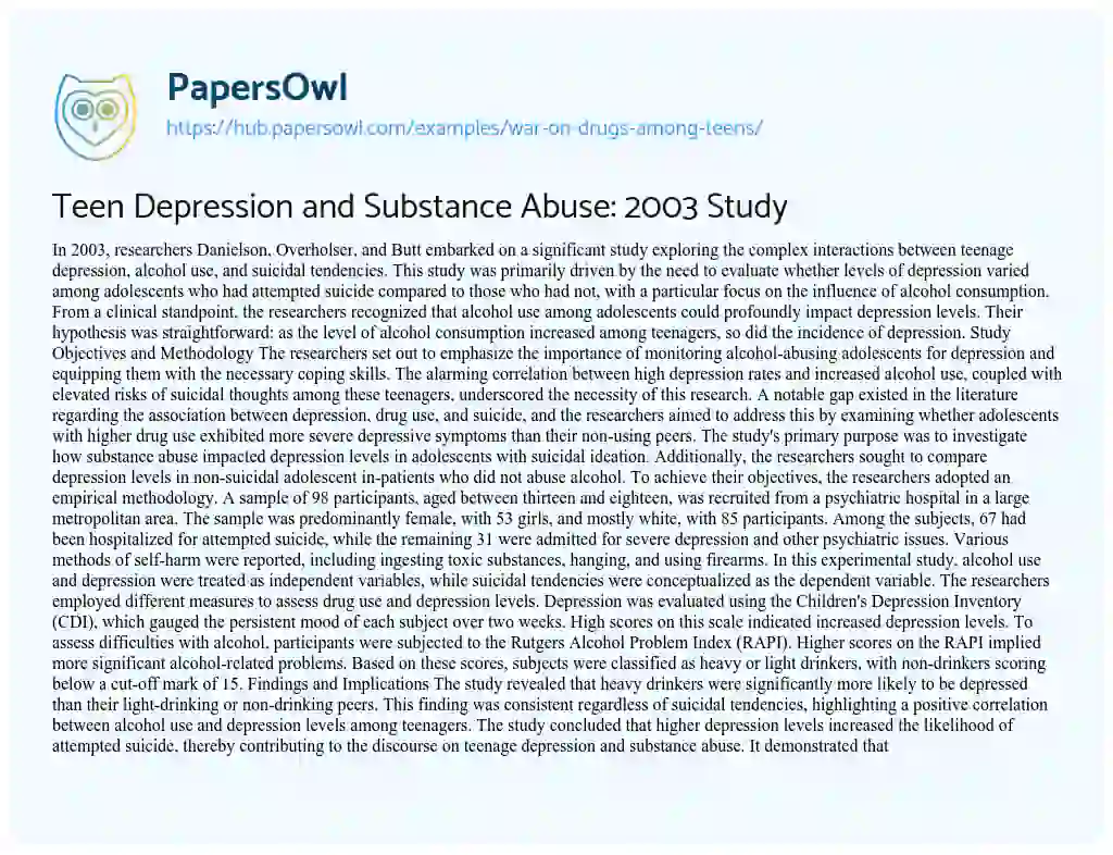 Essay on Teen Depression and Substance Abuse: 2003 Study