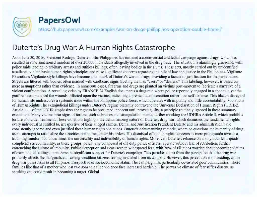Essay on Duterte’s Drug War: A Human Rights Catastrophe