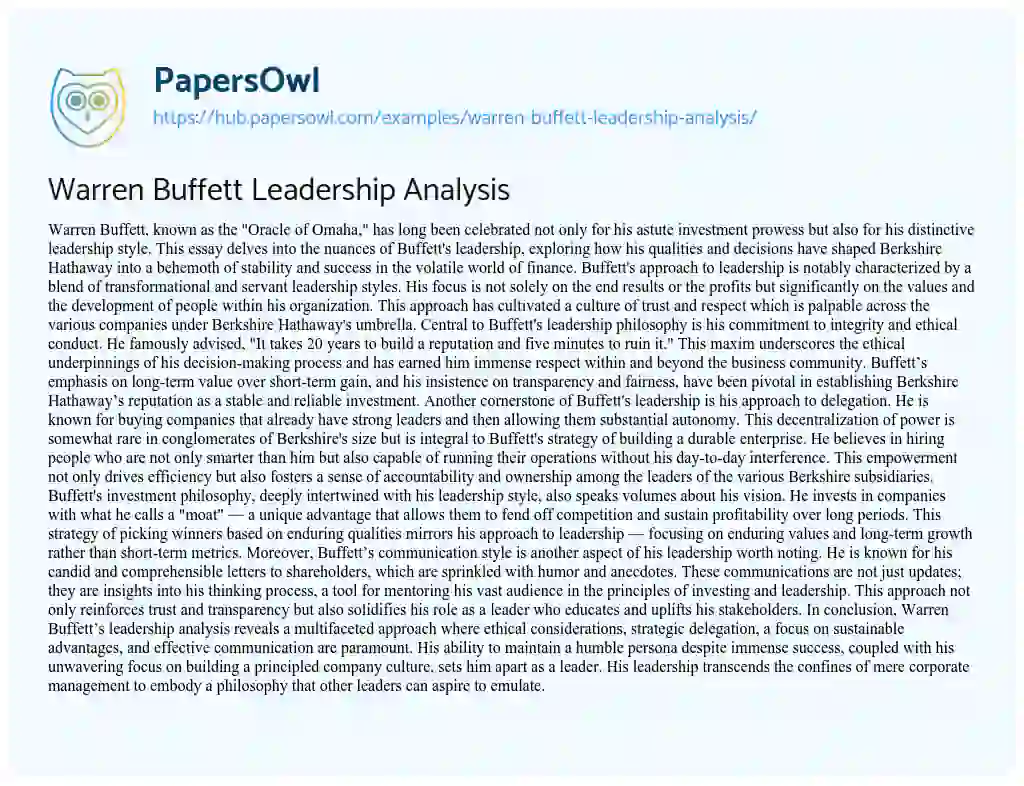 Essay on Warren Buffett Leadership Analysis