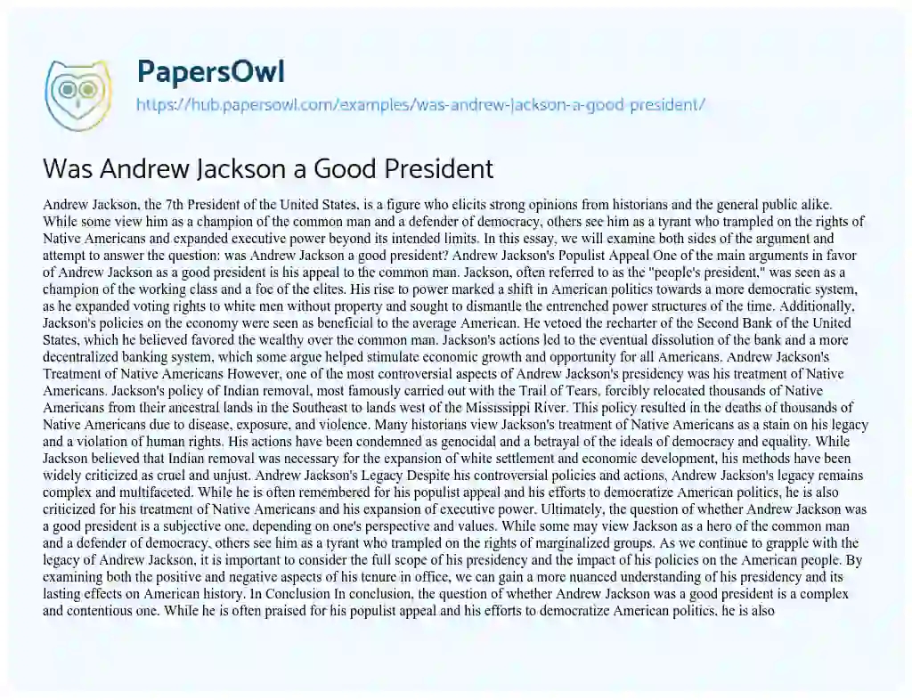 Essay on Was Andrew Jackson a Good President