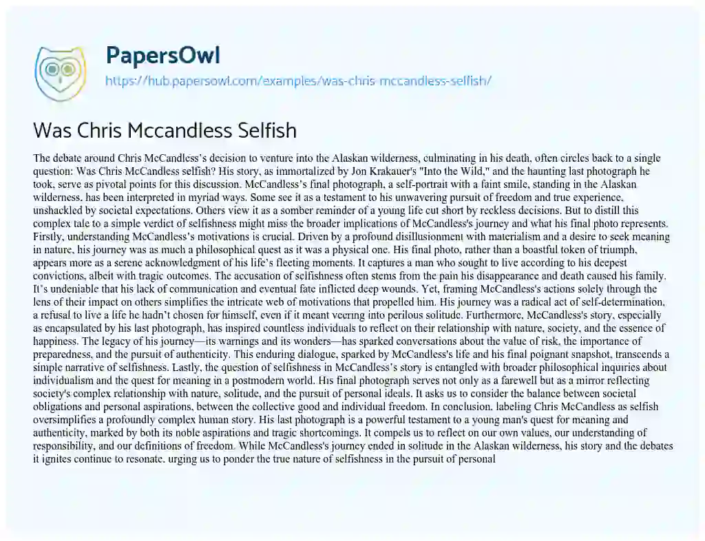 Essay on Was Chris Mccandless Selfish
