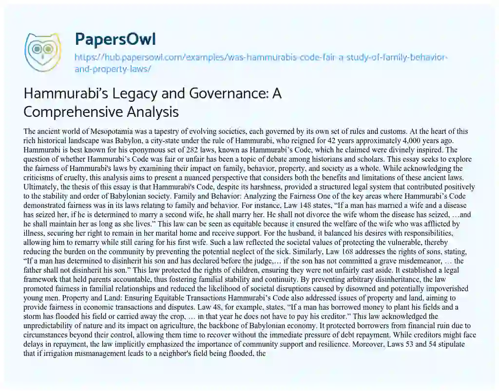 Essay on Hammurabi’s Legacy and Governance: A Comprehensive Analysis