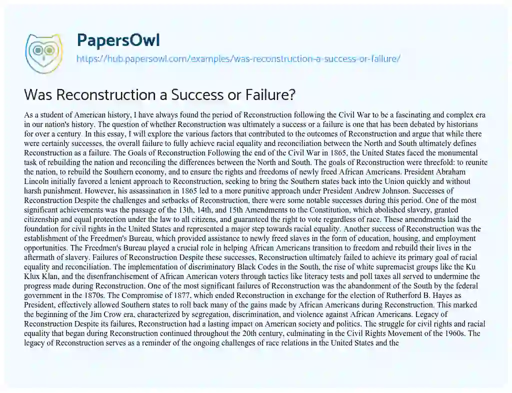 Essay on Was Reconstruction a Success or Failure?