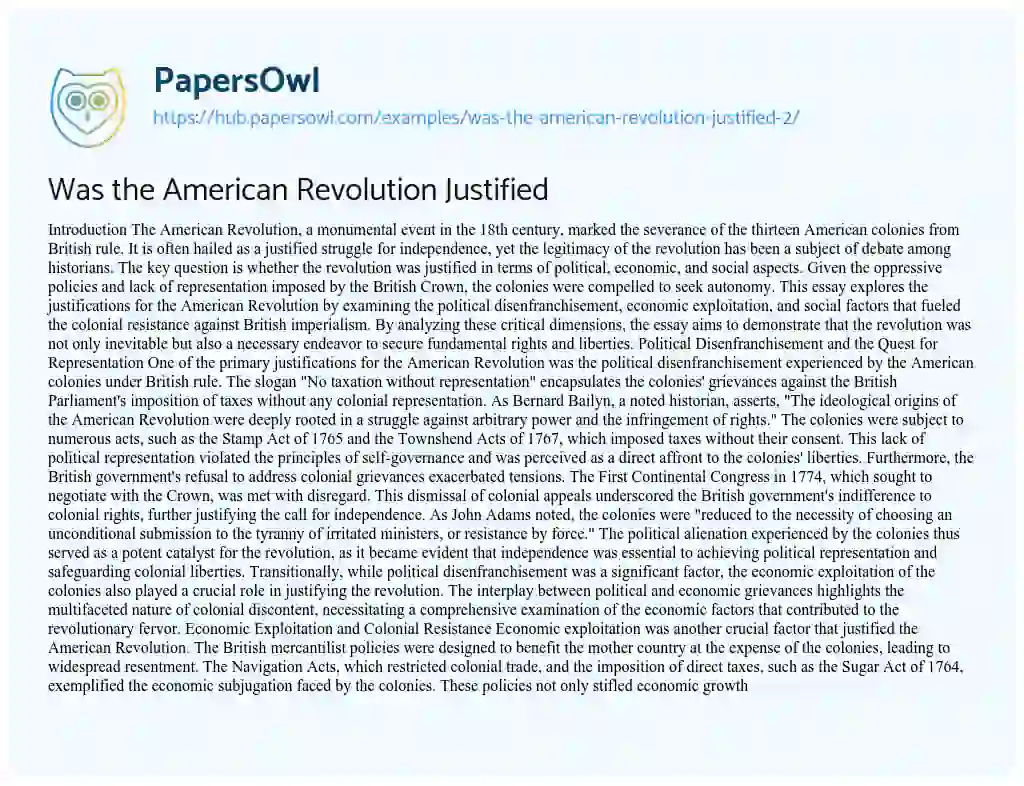 Essay on Was the American Revolution Justified