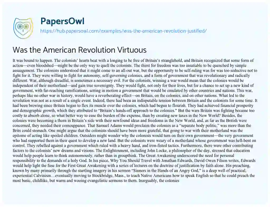 Essay on Was the American Revolution Virtuous