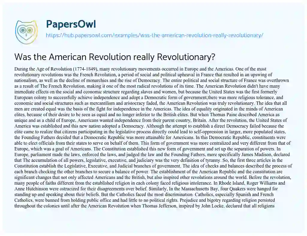 Essay on Was the American Revolution really Revolutionary?