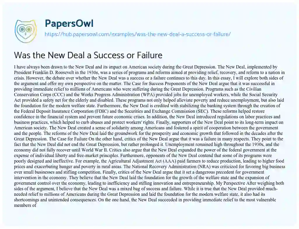 Essay on Was the New Deal a Success or Failure