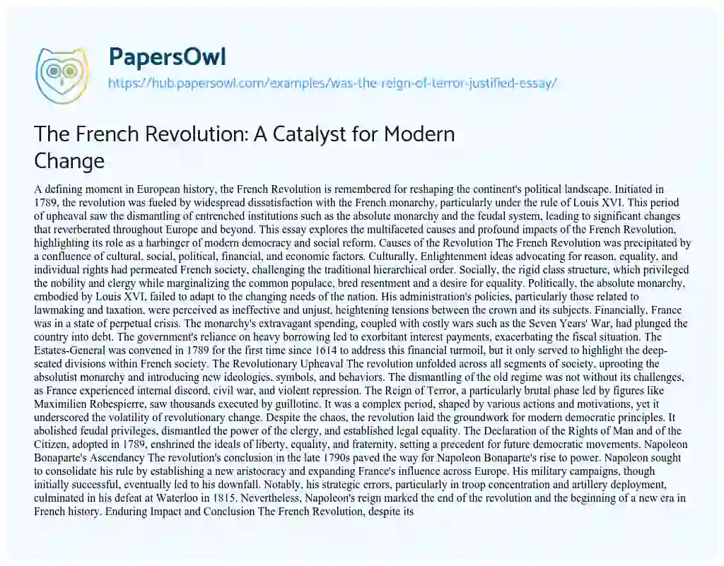 Essay on The French Revolution: A Catalyst for Modern Change