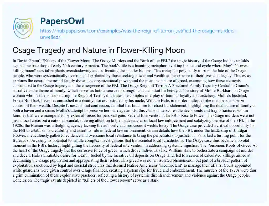 Essay on Osage Tragedy and Nature in Flower-Killing Moon