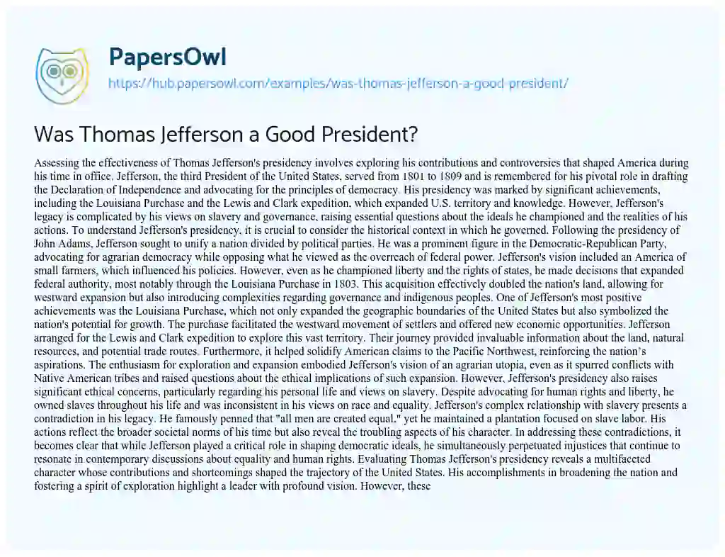 Essay on Was Thomas Jefferson a Good President?