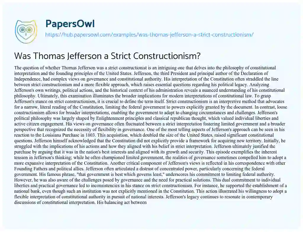 Essay on Was Thomas Jefferson a Strict Constructionism?