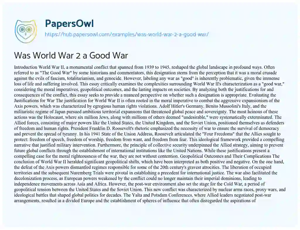 Essay on Was World War 2 a Good War